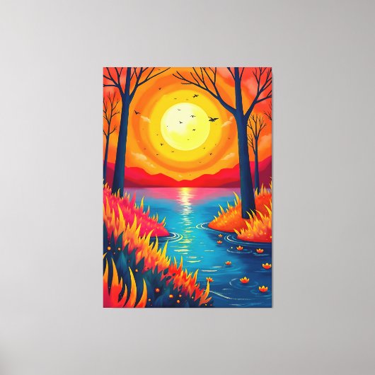 Toile Vibrant Orange Sunset Lake Landscape Art (Recto)