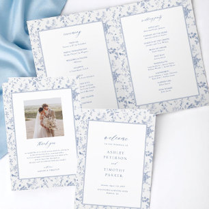 Toile Victorian Blauw Bloemstuk Bruiloft Ceremonie Programma