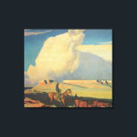 Toile Vieux Cowboys, Open Range par Maynard Dixon<br><div class="desc">Open Range (1942) de Maynard Dixon est une peinture de paysage de l'Ouest américain de style beaux-arts. Un éleveur de ranch cow-boy chevauchant son cheval dans les plaines du sud-ouest. Il conduit ses vaches, taureaux et bétail dans la prairie. De grands nuages blancs remplissent le ciel au-dessus des champs de...</div>