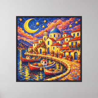 Toile Village de pêche mosaïque méditerranéen