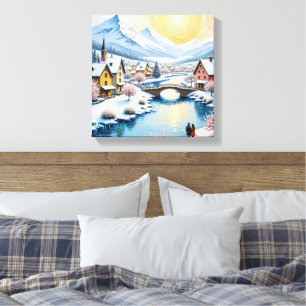 Toile Village hivernal enneigé sous un soleil doré