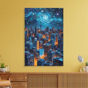 Toile Ville d'étoiles et de lumière – Paysage urbain noc