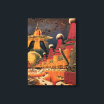 Toile Ville futuriste de science-fiction vintage avec vo<br><div class="desc">Illustration vintage de voyage et de transport dans une image de science-fiction avec un cadre urbain rétro de livre de bande dessinée classique avec une ville du futur. Les bâtiments architecturaux sont coniques et les véhicules volent dans le ciel comme des oiseaux tandis que les foules se déplacent à travers...</div>
