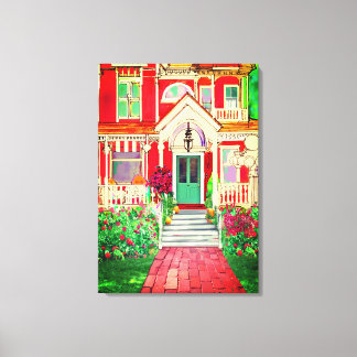 Toile Vintae Red Victorian House Trees Flowers