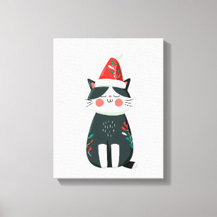 Toile Vintage Chat Mignon en Chapeau de Père Noël – Noël