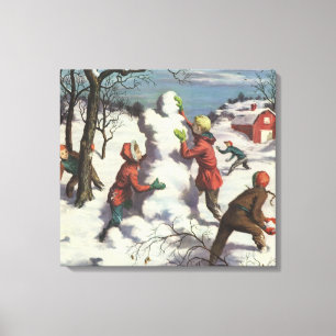 Toile Vintage Noël, Enfants Snowball combat