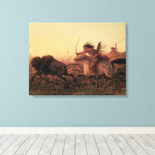 Toile Vintage Ouest, Chasse aux buffles indiens par Char