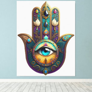 Toile Violet sarcelle doré Hamsa avec troisième œil turq