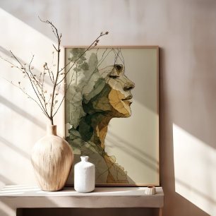 Toile Visage de femme abstrait Art linéaire bohème neutr