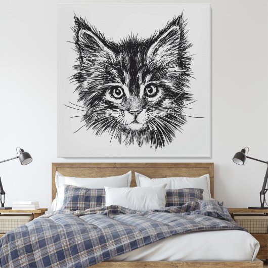 Toile Visage de Kitten noir et blanc sur gris (Insitu(Chambre))