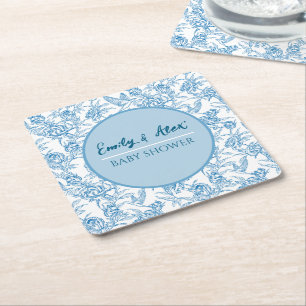 Toile vogel en bloemen Aangepaste naam baby shower Vierkante Kartonnen Onderzetter
