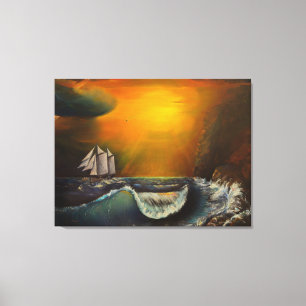 Toile Voilier et coucher de soleil sur la côte rocheuse