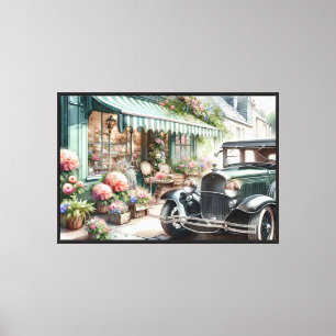 Toile Voiture Ancienne et Charmante Boutique de Fleurs A
