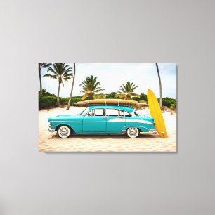 Toile Voiture vintage à la plage avec planche de surf