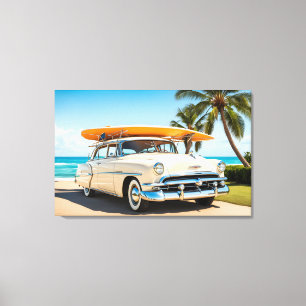 Toile Voiture vintage à la plage avec planche de surf