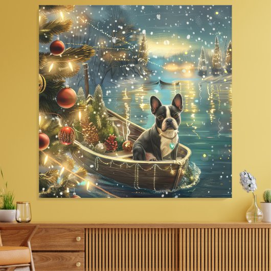 Toile Voyage festif de Noël de Boston Terrier (Insitu(Salon))