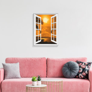 Toile Vue de fenêtre artificielle sur un coucher de sole