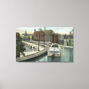 Toile Vue des bateaux de canal allant au-dessus de