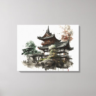 Toile Watercolor painting style of a japanese temple