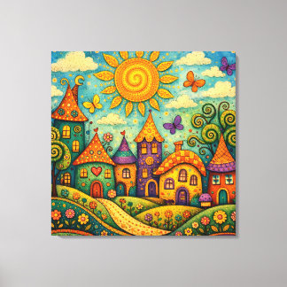 Toile Whimsical Fairy Tale Village Colorful Canvas Art