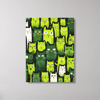 Toile Whimsical Feline Delight - Green Doodle Amoureux d