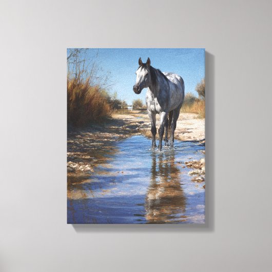 Toile White Horse Shallow Stream Reflection Art (Recto)