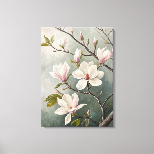 Toile White Magnolia Blossoms Print | Elegant Spring; (Recto)