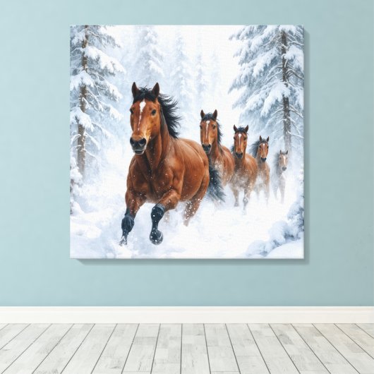 Toile Wild Horses Running Through a Snowy Forest (Insitu (Plancher de Bois))