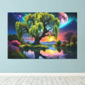 Toile Willow tree under Pleine lune N Starry ciel Sunset (Insitu (Plancher de Bois))