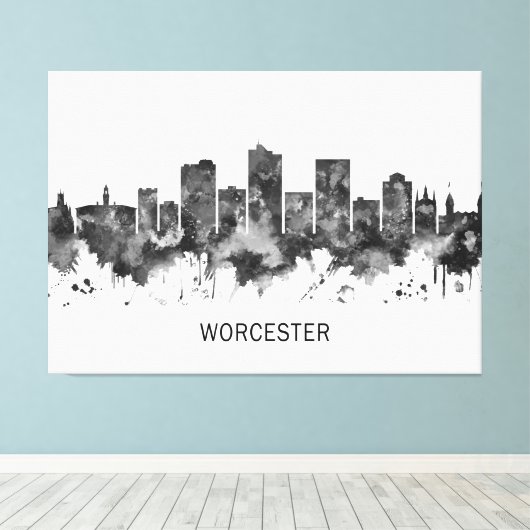 Toile Worcester Massachusetts Skyline BW (Insitu (Plancher de Bois))