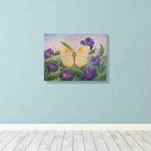 Toile Yellow Butterfly With Flowers (Insitu (Plancher de Bois))