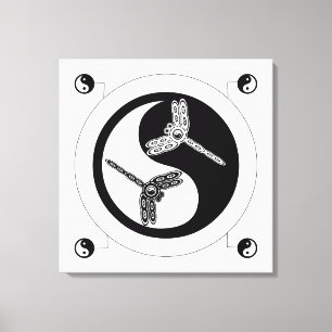 Toile Yin Yang Chiffre noir et blanc 8 libellules