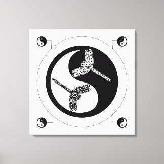 Toile Yin Yang Chiffre noir et blanc 8 libellules
