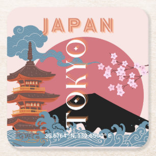 Tokio Japan Reiskunst, Retro Reiskunst Vierkante Kartonnen Onderzetter