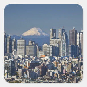 Tokio, Shinjuku District Silhouette, Mount Fuji, Vierkante Sticker
