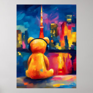 Tokyo Teddy Neon Silhouette Nachtreflectie Poster