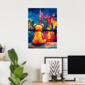 Tokyo Teddy Neon Skyline Night Reflection Poster (Thuiskantoor)