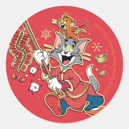 Tom & Jerry Lighting Firecrackers Ronde Sticker (Voorkant)