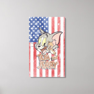 Tom & Jerry met Amerikaanse vlag Canvas Afdruk