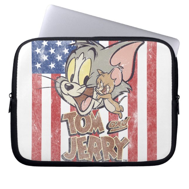Tom & Jerry met Amerikaanse vlag Laptop Sleeve (Voorkant)