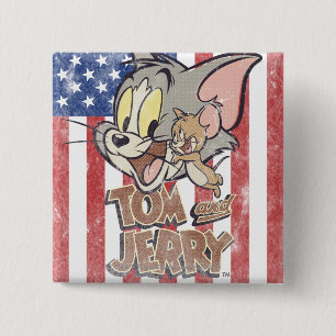 Tom & Jerry met Amerikaanse vlag Vierkante Button 5,1 Cm