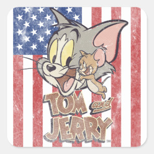 Tom & Jerry met Amerikaanse vlag Vierkante Sticker
