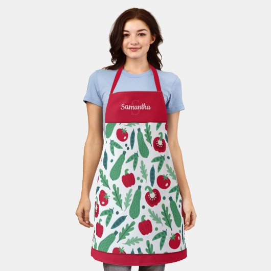 Tomaat en komkommer Vegetable Pattern met naam Red Schort (Gedragen)