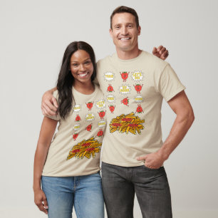 tomaten die naar gefrituurde aardappelen springen t-shirt