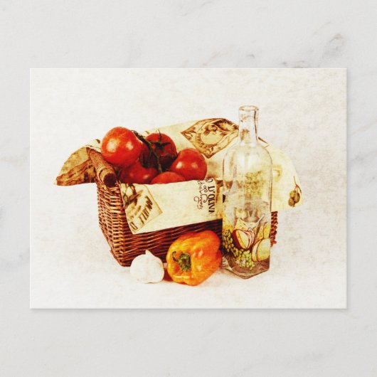 Tomaten in een mand en olijfolie briefkaart (Voorkant)