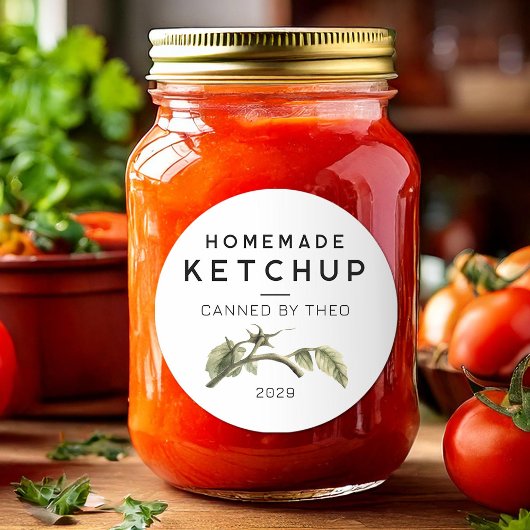 Tomatenketchup-etiket met waterverf tomaatblad ronde sticker