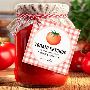 Tomatenketchup met tomaat en geruit patroon bedankjes labels