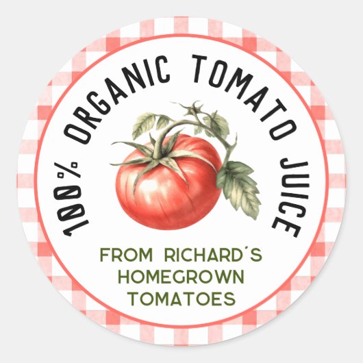 Tomatensap uit eigen tuin met blokjesdessin ronde sticker (Voorkant)