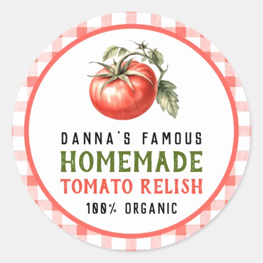 Tomatensaus-etiket met rode tomaatboerderij-look ronde sticker (Voorkant)