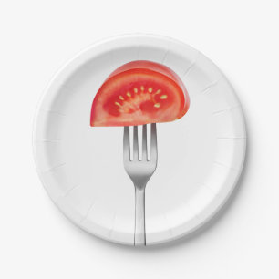 Tomatenstuk op een vork papieren bordje